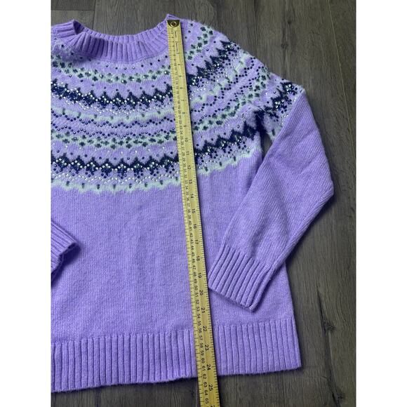 Talbots Lavender Fair Isle Embellished Sweater Women’s M Beaded Fuzzy Knit - Picture 4 of 9